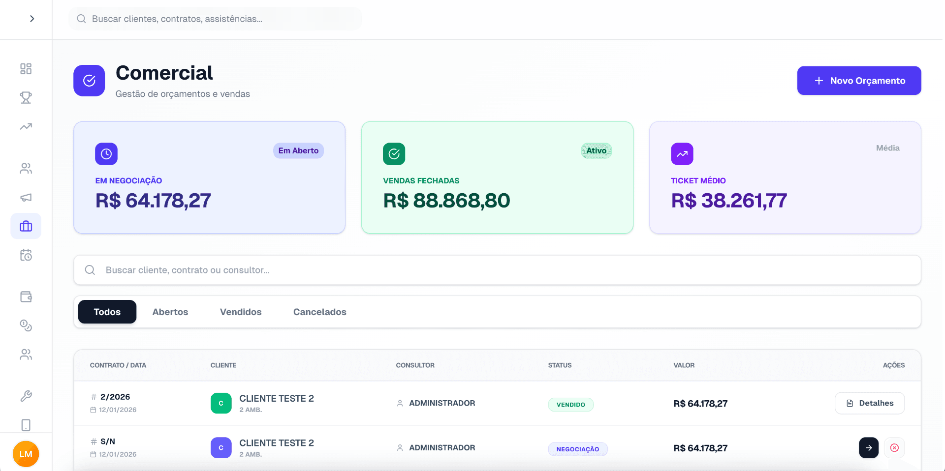 Módulo comercial e gestão de contratos