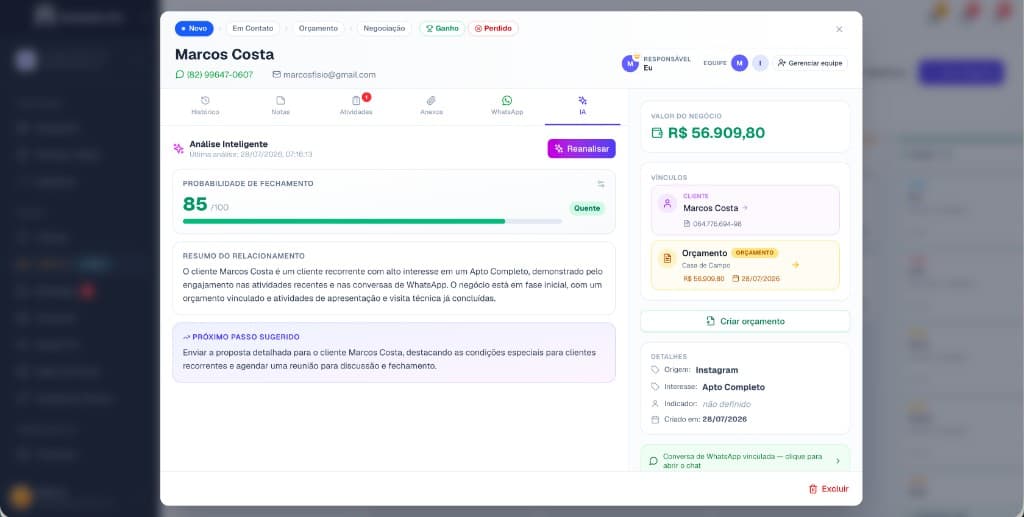 IA do Planejados Pro analisando a probabilidade de fechamento do negócio e sugerindo o próximo passo no funil